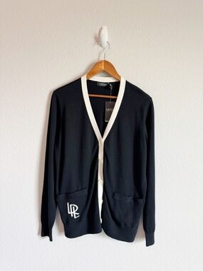 Lauren Ralph Lauren Black Two Tone Cotton Blend Monogram Cardigan Sweater Size L